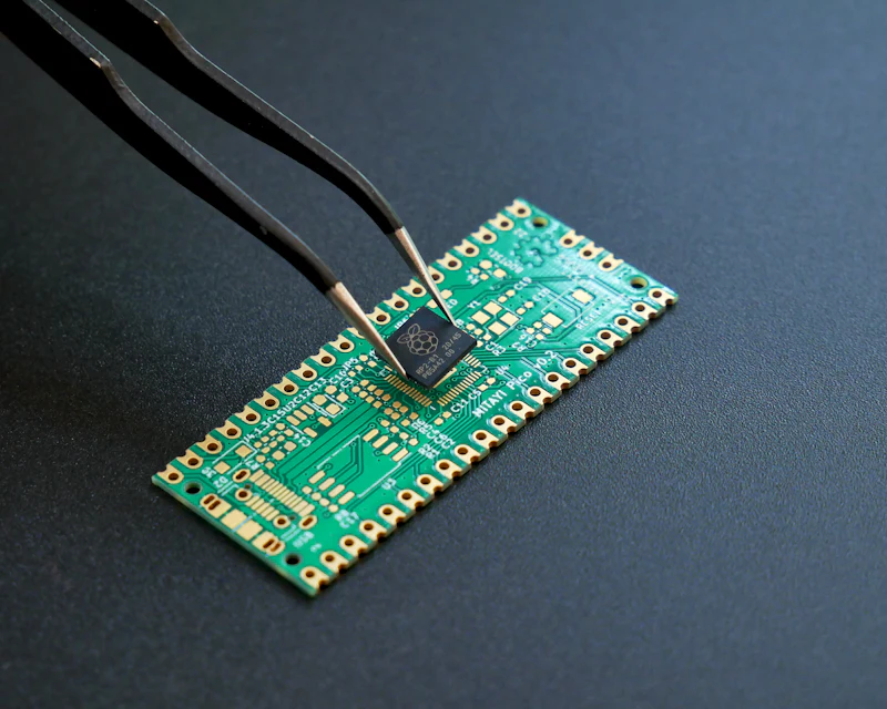 Tweezers placing a microchip onto a circuit board