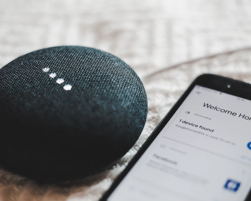 Smart speaker beside a phone showing a home control app
